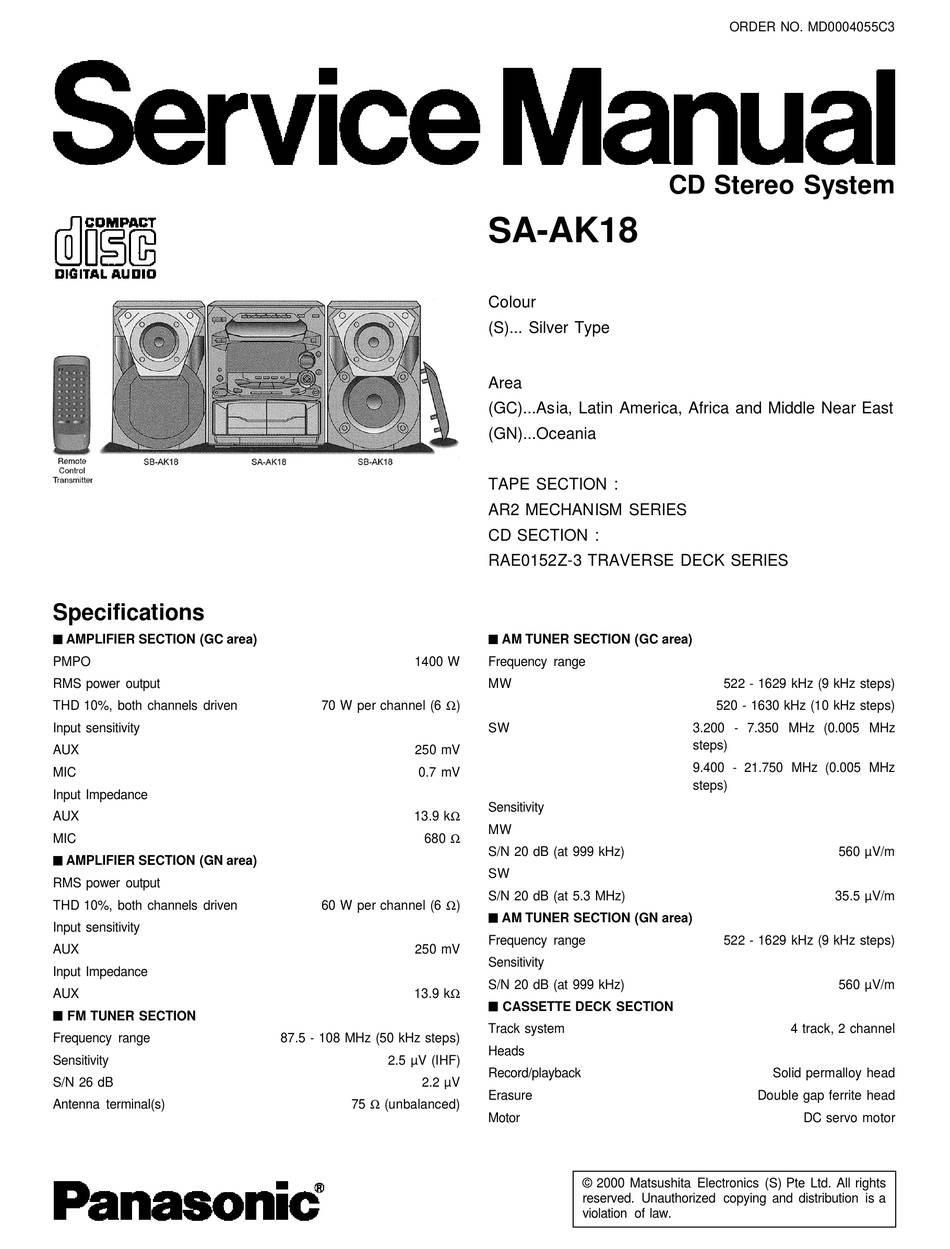 Panasonic SA-AK18 specs, manual  images